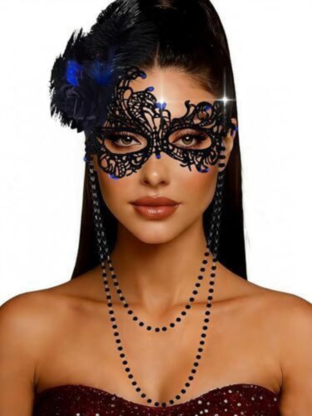 4122 Feather Masquerade Mask Rhinestone Luxury Lace Masks Venetian Pearl